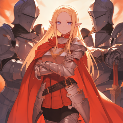 Blonde Anime Elf Girl and Male Knights in Armor