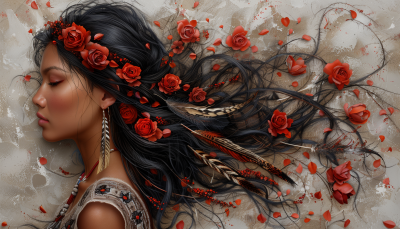 Native American Woman Side Profile with Roses
