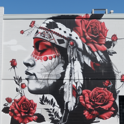 Native American Mural with Roses and Spraypaint