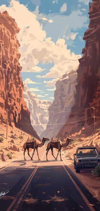 Camels Crossing the Desert Road