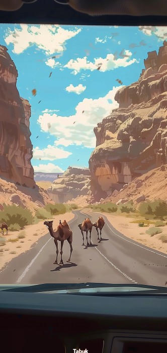 Camels crossing rocky desert road