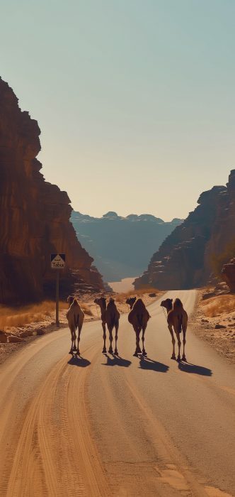 Camels Crossing the Desert Road