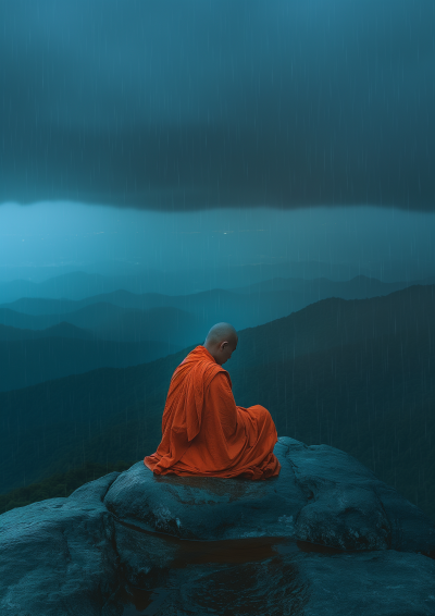 Lonely Monk in the Rain