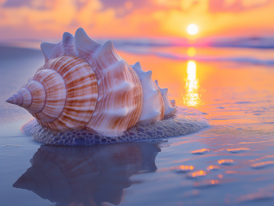Whelk Shell on Beach at Sunset