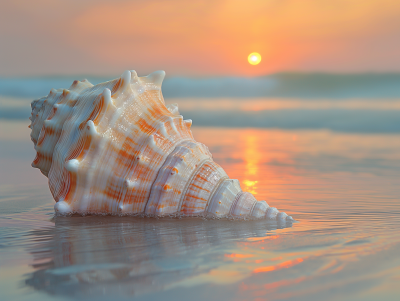 Minimalist Whelk Shell on Beach at Sunset