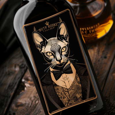 Sphinx Cat in Tuxedo Logo on Alcohol Bottle