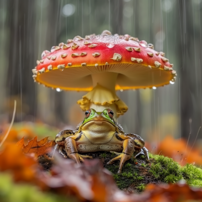 Frog under Amanita Muscaria in the Rain