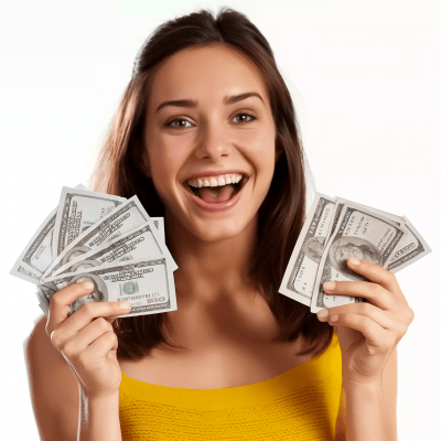 Happy White Woman with Dollar Bills