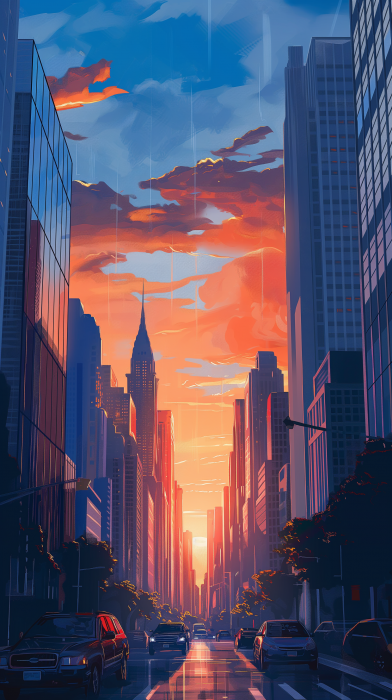 City Sunset Cartoonish Scene