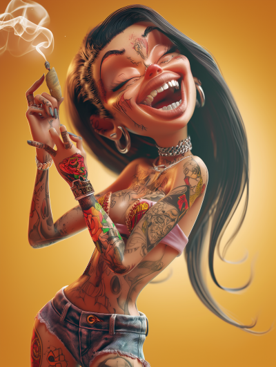 Colorful Cartoon Illustration: Tanned Woman with Tattoos