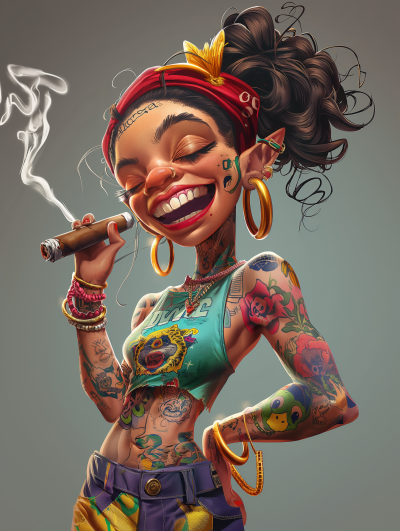 Colorful Tattooed Cartoon Character Smoking Cigar