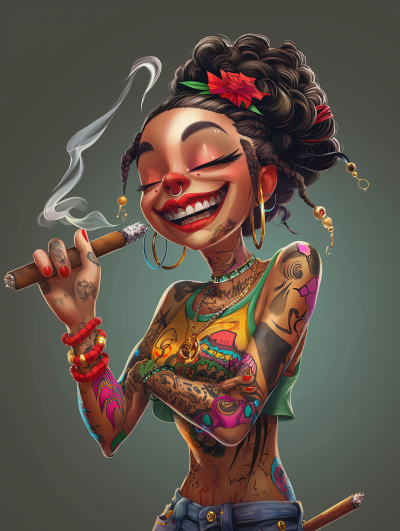 Colorful Tattooed Woman Cartoon Character Illustration