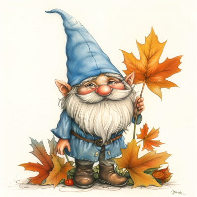 Garden Gnome with Autumn Leaves