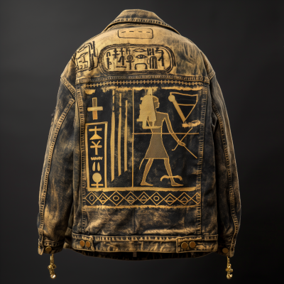 Rustic Gold Denim Jacket with Egyptian Pencil Sketch Print