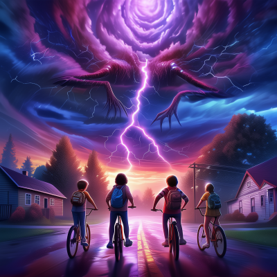 Children on Bicycles in Electric Storm