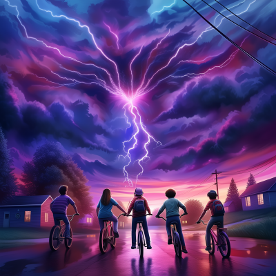 Teens Riding Bicycles Through Storm