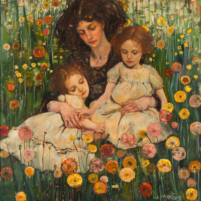 Mother and Twin Daughters in Gustav Klimt Style