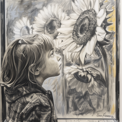 Girl in Museum with Van Gogh’s Sunflowers