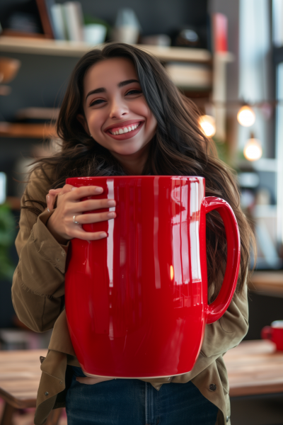 Latin woman embracing red mug in the office