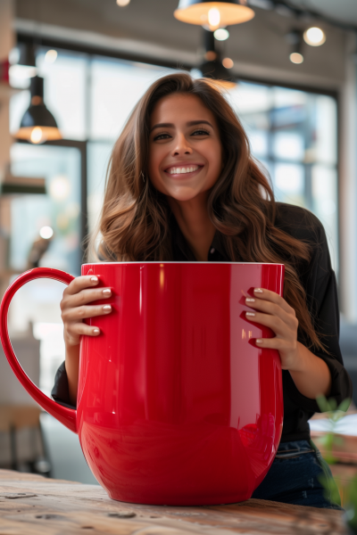 Latin woman hugging giant coffee mug in office