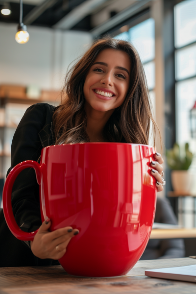 Happy Latin woman hugging giant red coffee mug in the office