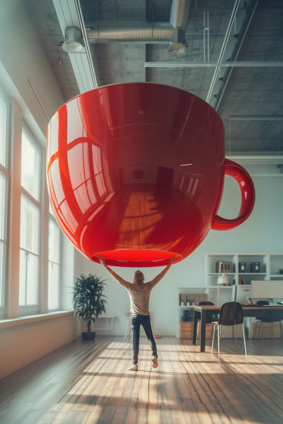 Person Hanging from Giant Coffee Mug in Office