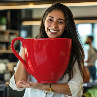 Happy Latin Woman with Giant Coffee Cup at Office