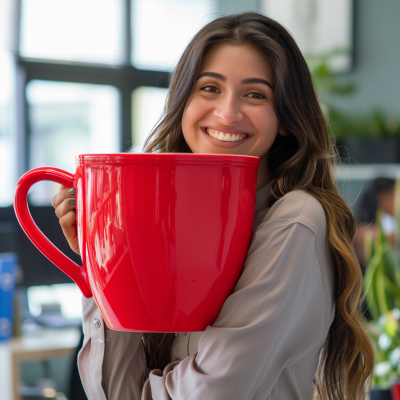 Latin Woman with Red Coffee Cup