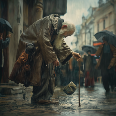 Begging Old Man in the Rain
