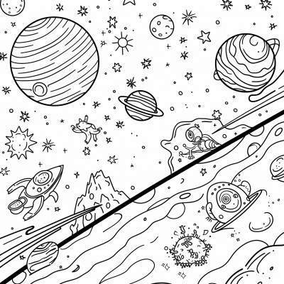 Space Coloring Book Page with Jupiter and Animals