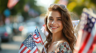 Happy Girl with American Flags