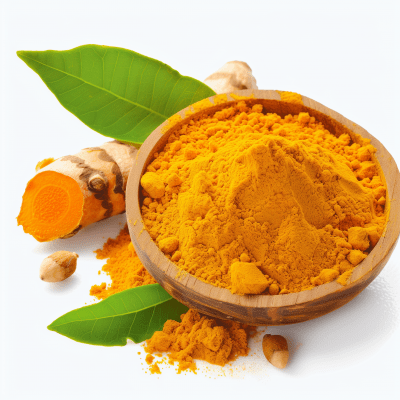 Abstract Turmeric Powder and Leaf Background