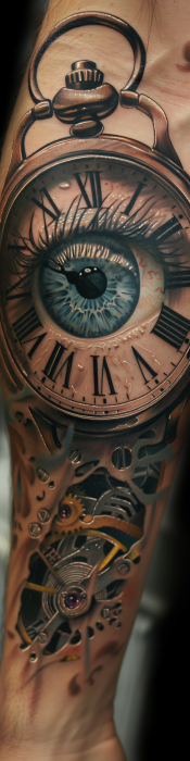 Realistic Tattoo Design of a Pocket Watch, Eye, and Chinese Name
