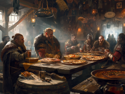 Viking Tavern with Vikings Eating Pizza