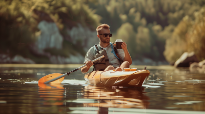 Man in modern kayak with coffee and accessories