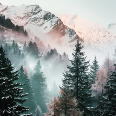 Spruce Trees and Snowy Mountain Background