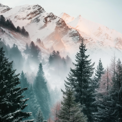 Spruce Trees and Snowy Mountain Background