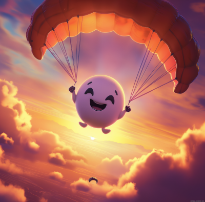 Flying character on parachute at sunset
