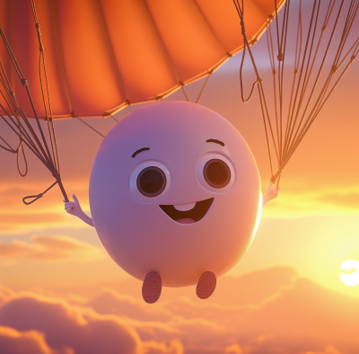 Cute character flying on a parachute at sunset