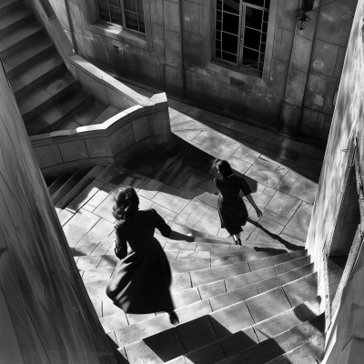 1940s Chase Scene in the Style of M.C. Escher