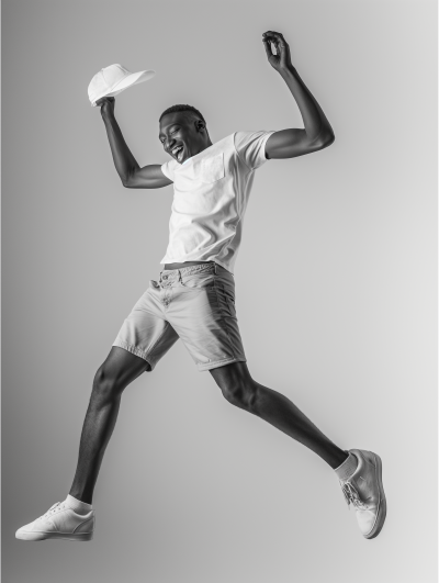 Joyful Young Man Jumping in Black and White