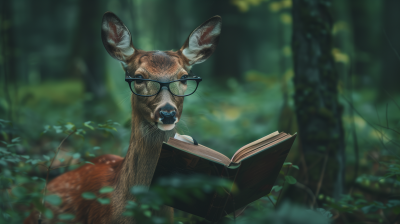 Deer in Glasses Reading in Forest