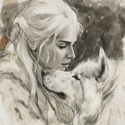 Woman with White Hair and White Wolf Sketch
