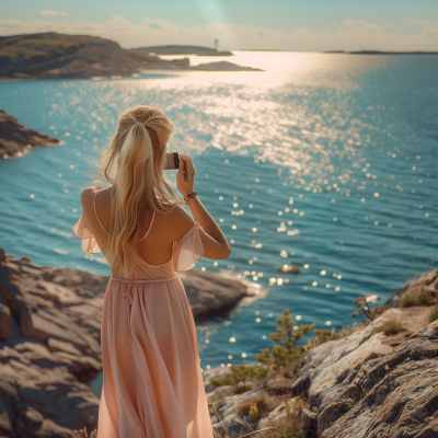 Blonde Woman Filming on Cliff