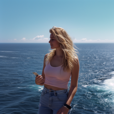 Blonde Woman Standing on Cliff Overlooking Sea