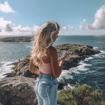 Blonde Woman on Cliff Overlooking Sea