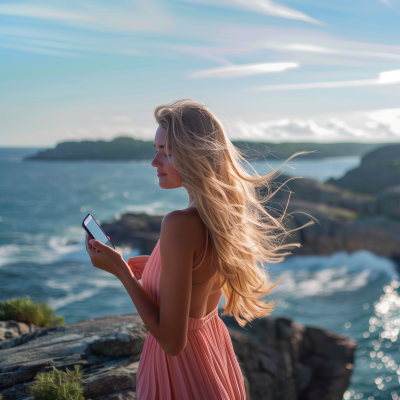 Blonde woman on cliff overlooking sea