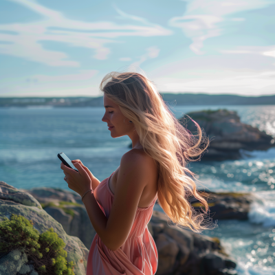 Blonde Woman on Cliff in Swedish Archipelago
