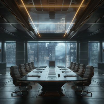 Empty Asian Cyberpunk Tech Company Board Room