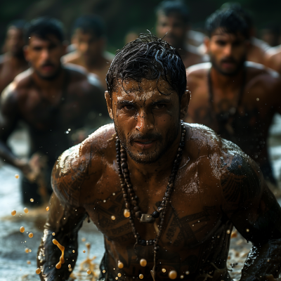 Muscular men wrestling in mud